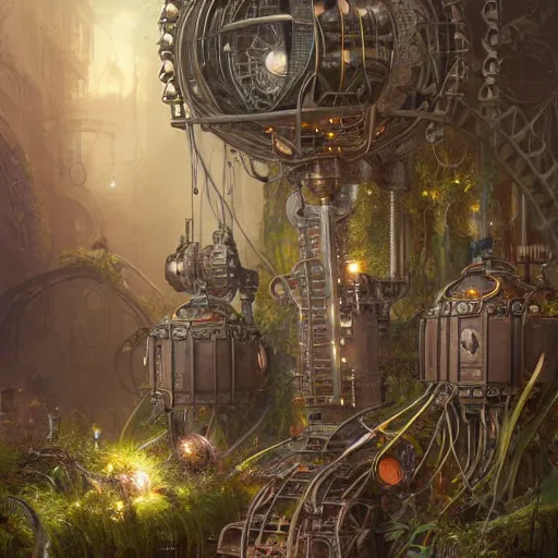 Prompt: a ultradetailed beautiful concept art of the core of a intricate steampunk machine where vegetation have start to peacefully grow in harmony with the machine, dynamic lighting, cinematic lighting, concept art, high resolution 4 k, by tom bagshaw, greg rutkowski, charli bowater and artgeem
