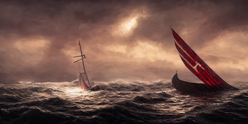 Image similar to a Viking ship (Ormen Lange) with horizontal striped sail, red and white, sailing to towards left, waves, a small cross in the distance on shore on the left side, by Andreas Rocha + Ted Nasmith, dark, cinematic lighting, masterpiece, highly detailed, 8k resolution, trending on art station