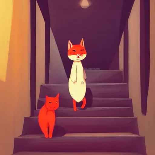 Image similar to red cat walking down the stairs, wide shot, smooth, cosy atmosphere, trending on deviantart, outdoor, daytime, long shadow, warm colors, artstation, concept art, sharp focus, illustration, masterpiece, gibli style