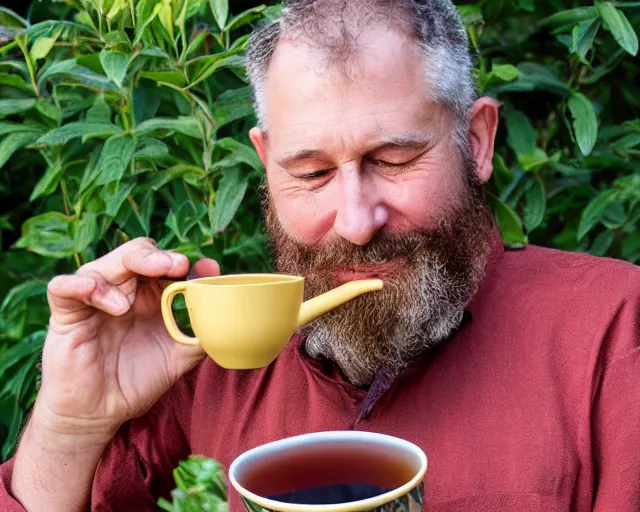 Image similar to mr robert is drinking fresh tea, smoke pot and meditate in a garden from spiral mug, detailed smiled face, short beard, golden hour, red elegant shirt