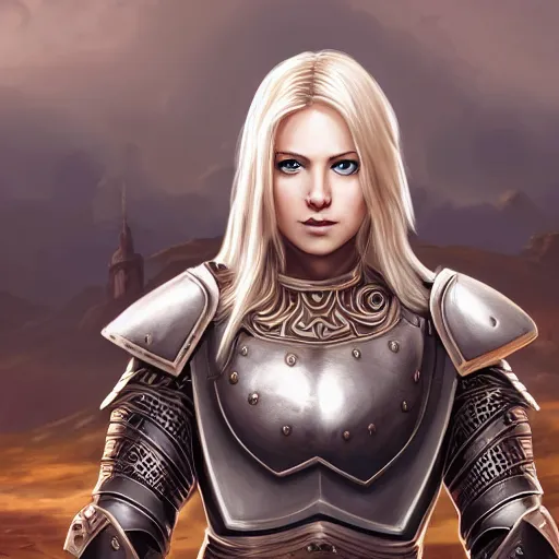 Prompt: fantasy RPG symmetrical portrait, centered shoulders up view, young blonde woman, blonde hair, blue eyes, level 1 plate armour, pale skin, 4k,in Gloomhaven style, highly detailed, soft lighting 8k resolution