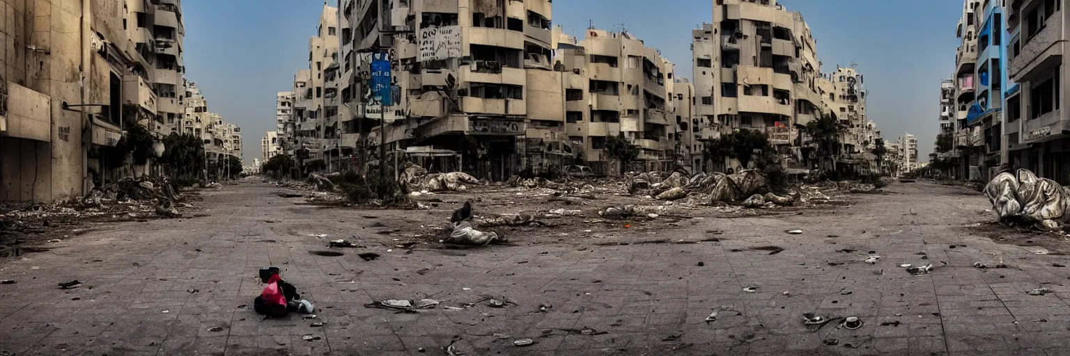 Image similar to sad and disturbing photo of the empty streets of tel aviv, israel, rotting, summer, morning, vivid colors, neon, art by gregory crewdson and artgerm and wlop and william - adolphe bouguereau