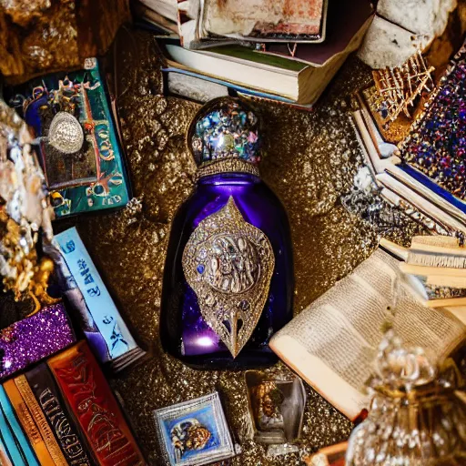 Prompt: epic view of an ancient dark byzantine cave interior, Venetian Murano blown glass bottle on a pile of crystals, books covered in jewels, ornate, surrounded by strange crystals and treasure, full of sand and glitter, Byzantine, cinematic, jewels, 24mm lens