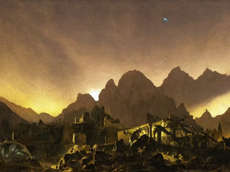 Image similar to an oil painting of a cracked plane on an alien planet with a distant mountain range at dusk with aurora lighting up the sky by carl spitzweg and tuomas korpi. baroque elements, full-length view. baroque element. intricate artwork by caravaggio. Trending on artstation. 8k