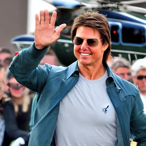 Prompt: Tom Cruise waving to fans. He's wearing bluejeans and a green jacket, Ralph Lauren. A helicopter is in the background. Shallow depth of field