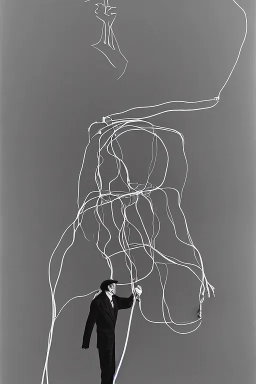 Prompt: a minimalist portrait of Marcel Duchamp holding computer cables in the style of Annie Leibovitz, Irving Penn, Hito Steyerl, Shinya Tsukamoto, Saâdane Afif, Alfredo Jaar line drawing and 35mm film, wide angle, monochrome, futuristic tetsuo