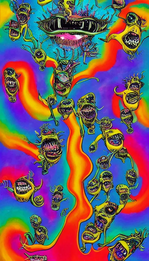 Image similar to a storm vortex made of many demonic eyes and teeth, by lisa frank,
