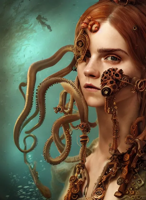 Prompt: underwater steampunk pirate portrait of emma watson, red hair, octopus, giger, hyper detailed, digital art, cinematic lighting, studio quality, smooth render, unreal engine 5, octane rendered, art style by klimt and nixeu and ian sprigger and wlop and krenz cushart.