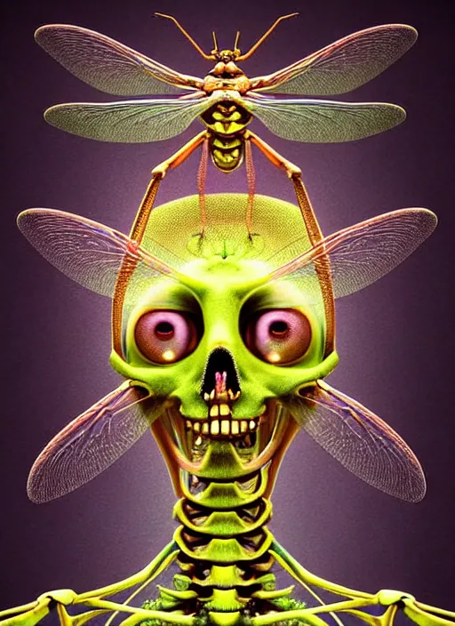 Image similar to hyper detailed 3d render like a Oil painting - kawaii skeletal portrait Aurora (gold haired Singer Praying Mantis Dragonfly) seen Eating of the Strangling network of yellowcake aerochrome and milky Fruit and Her compund eyes delicate Hands hold of gossamer polyp blossoms bring iridescent fungal flowers whose spores black the foolish stars by Jacek Yerka, Mariusz Lewandowski, Houdini algorithmic generative render, Abstract brush strokes, Masterpiece, Edward Hopper and James Gilleard, Zdzislaw Beksinski, Mark Ryden, Wolfgang Lettl, hints of Yayoi Kasuma, octane render, 8k