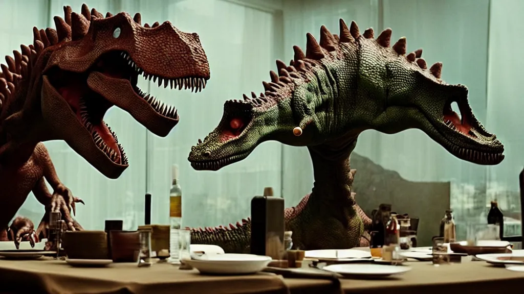 Prompt: the strange dinosaur sits at a table, film still from the movie directed by Denis Villeneuve with art direction by Salvador Dalí, long lens, shallow depth of field