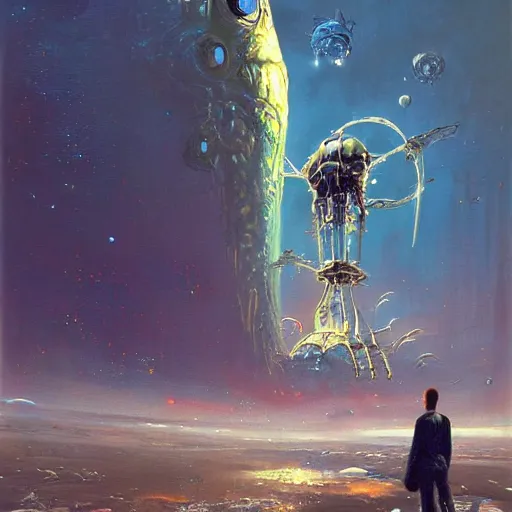 Prompt: a painting of a man standing in front of a giant alien, poster art john berkey and simon stalenhag and gilbert williams, cgsociety, space art, lovecraftian, cosmic horror, poster art