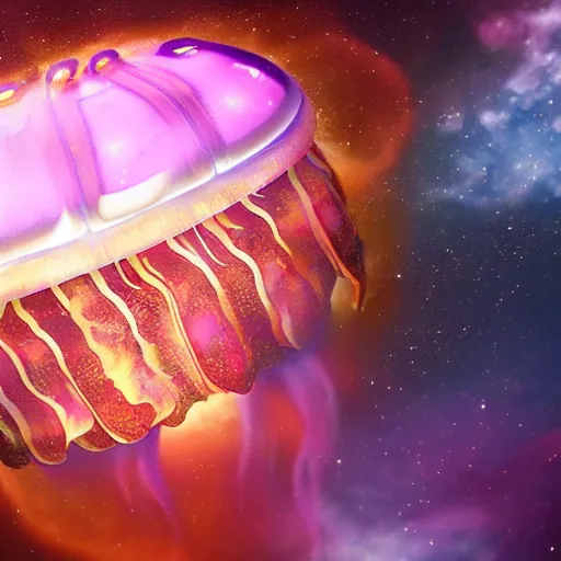 Image similar to A jellyfish like burger, its translucent wraps the nebula in the depths of space. Ultra clear material. 3D concept art. octane render. cinematic lighting, intricate details.