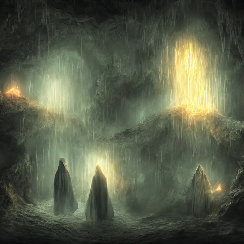 Image similar to high drama, distant hooded figures, hdr, glowing luminescent invocations, diffuse magic catacombs, movie still, intricate highly detailed mystical prisms, fully photorealistic, artstation, beautiful concept art, smoothened, sharp luminescent focus, nd 6, sony fx 6