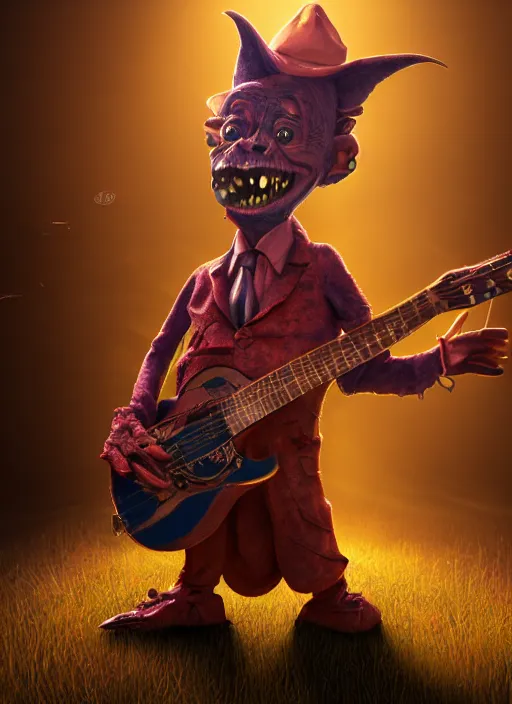 Prompt: a cute sharply dressed goblin playing a guitar, in the style of boris valejo and patrick woodroffe, fantastic, dramatic lighting, forest, hyperrealistic, detailed, octane render