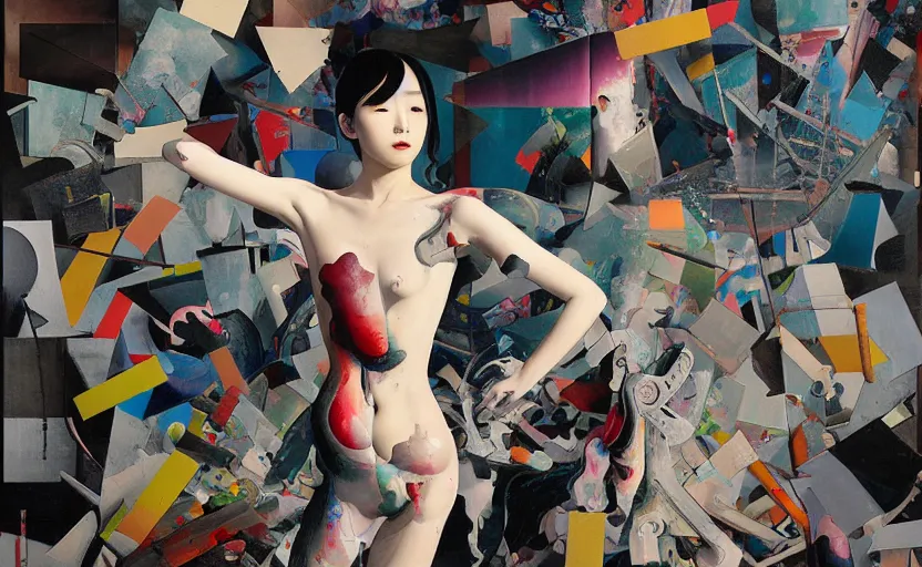 Image similar to decollage painting young japanese actress struggling in a ruined city by adrian ghenie and takato yamamoto and edward hopper and mark ryden and tsutomu nihei, part by bridget riley, acrylic pour and splashing paint, very coherent, baroque elements, perfect anatomy, intricate design. pop art.