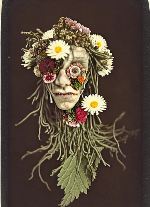 Image similar to beautiful and detailed rotten male made of plants and many types of stylized flowers like carnation, daisy, chrysanthemum, anemone, roses and tulips, intricate, surreal, john constable, gustave courbet, caravaggio, romero ressendi, bruno walpoth 1 9 1 0 polaroid photo