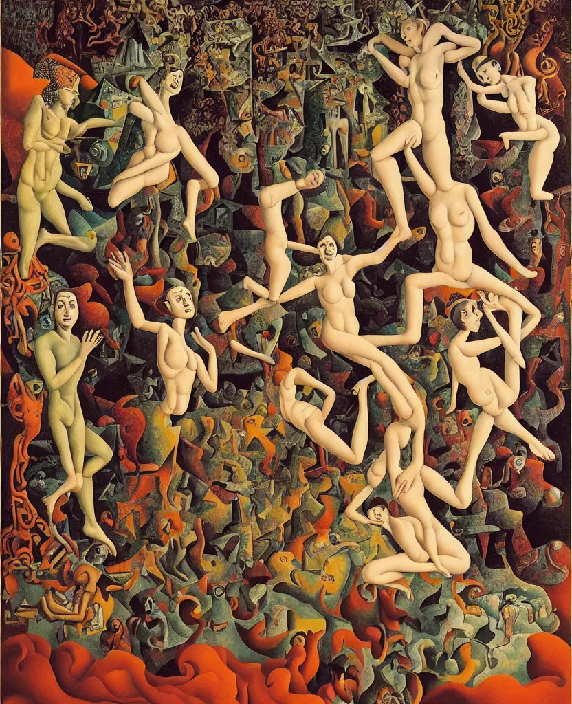 Image similar to the three fates | pain, pleasure, suffering, adventure, love, life, afterlife, souls in joy and agony disaster, miracle, love | abstract oil painting, gouche on paper by MC Escher and Salvador Dali and raqib shaw and Josef albers on LSD |