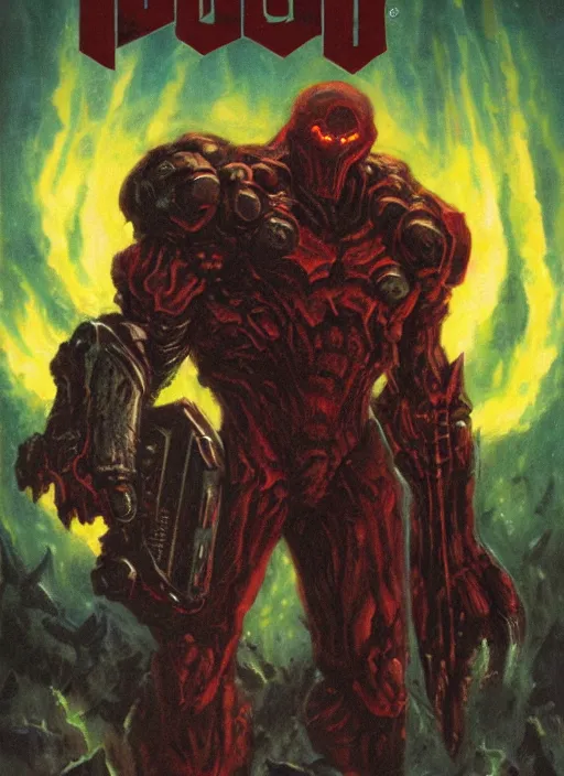 Image similar to ( doom ) box cover featuring hellknight by kenneth scott and idsoftware