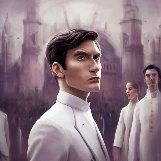 Prompt: portrait of a regal prince with sharp cheekbones, white clothes, high collar, close up, super details, crowd of angry people staring at him in the background, modern digital art, matte painting, science fiction