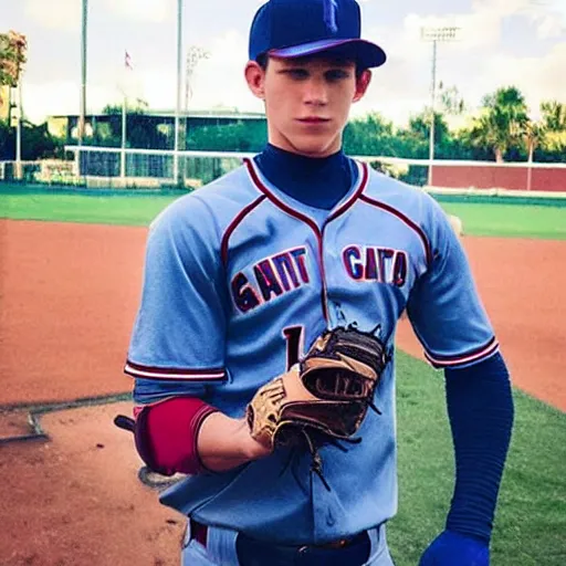 Image similar to “a realistic photo of a guy who is an attractive baseball player man who is part cyborg and part humanoid, who is a robot, Tom Holland”