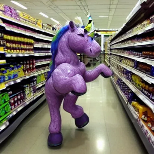 Image similar to a unicorn rampaging through a supermarket