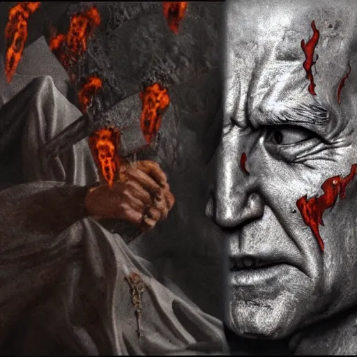 Prompt: biden in dante's inferno painting, dark beauty, rotten gold, closeup faces, extremely detailed, cinema 4 d, unreal engine.