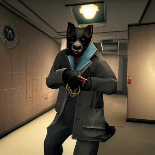 Image similar to Screenshot from the PC game Payday: The Heist demonstrating the fursuit unlock