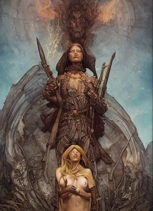 Image similar to hyper realistic photography portrait of postapocalyptic medieval religious occult amazon cinematic, brom, moebius, juan gimenez, peter mohrbacher, mucha, leonardo da vinci