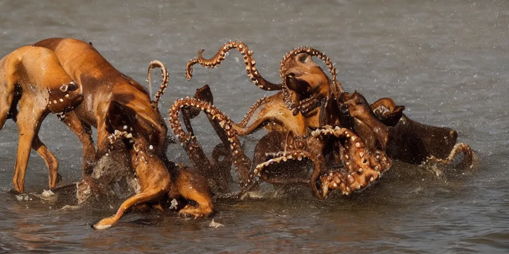 Image similar to national geographic photo of horse full of octopus being eaten by african hunting dogs