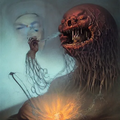 Prompt: Sinister manifestation of Insomnia Demon, ghoul, spirit ghost. Smoke, silk, teeth. by Zdzisław Beksiński, Dariusz Zawadzki, Mariusz Lewandowski, Tom Bagshaw, Aeron Alfrey, Bernie Wrightson, Daarken, Boris Groh, Tsutomu Nihei and Erik Johansson