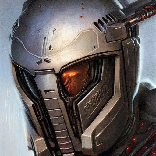 Image similar to the doomslayer as a scifi cyberpunk knight, closeup portrait art by donato giancola and greg rutkowski, realistic face, digital art, trending on artstation, skull helmet, symmetry!!!