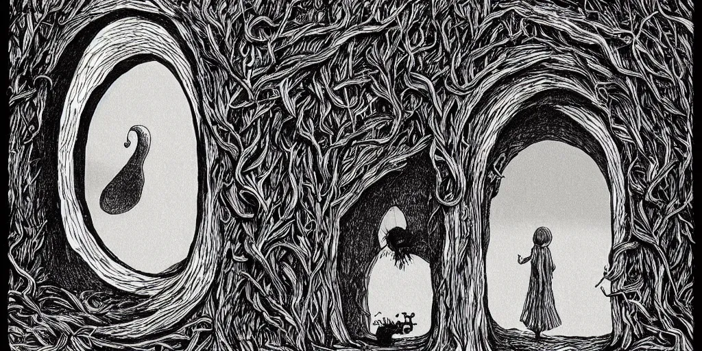 Image similar to “portal to another world by Edward Gorey, trending on artstation, 8k, highly detailed”