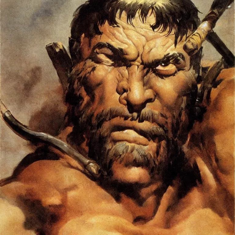 Image similar to closeup portrait of a barbarian by frank frazetta, head facing directly front on