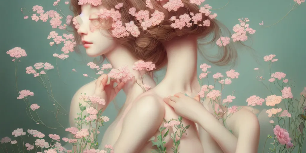 Image similar to breathtaking delicate detailed concept art with flowers and girls, by hsiao - ron cheng, bizarre compositions, exquisite detail, pastel colors, ornate background, 8 k