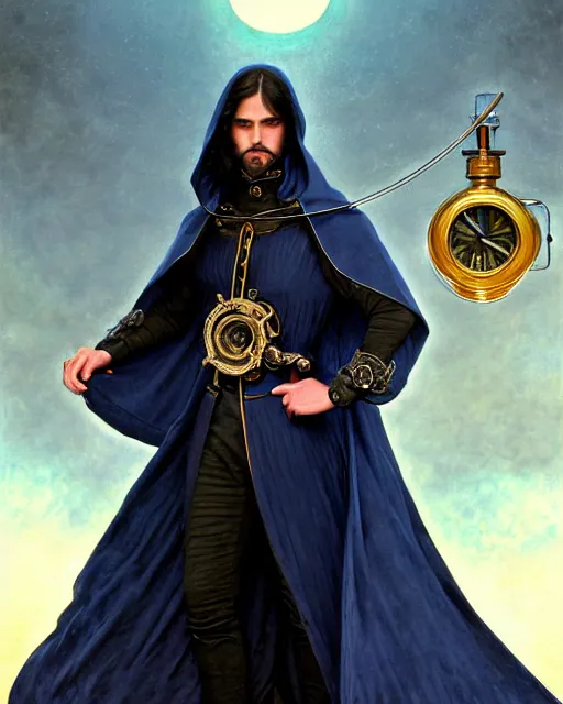 Prompt: handsome male using a mechanical astrolabe device, long black hair blue eyes wearing cloth mantle gothic navy cloak with leather details, cliffside town, fantasy character portrait, ultrarealistic, intricate details, elegant, cinematic lighting, highly detailed, artstation, cgsociety, sharp focus, beautiful digital painting by artgerm, gerald brom, wlop, alphonse mucha