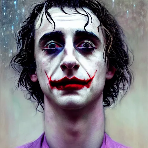 Image similar to cinematic portrait of timothee chalamet as the joker, perfect face, neon rain, moody, elegant, by alyssa monks, highly detailed, symmetrical face, fine details, masterpiece, trending on artstation