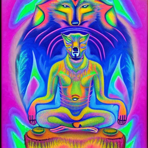 Prompt: an anthromorphic wolf man meditating in a zen garden, by amanda clark and lisa frank in a psychedelic style, oil on canvas