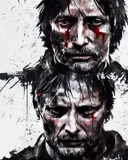 Prompt: mads mikkelson as clifford unger from death stranding wearing modern military fatigues, wielding assault rifle, weeping tears of black oil, tired expression, mysterious eerie portrait, illustrated by yoji shinkawa, digital artwork 4 k