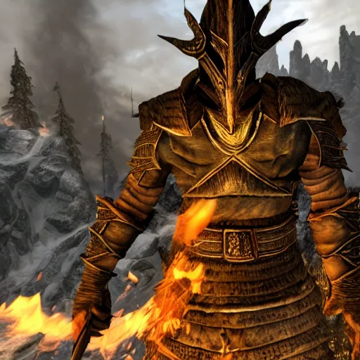 Image similar to skyrim, detailed, lighting, dragonborn, fire, mythical, tower