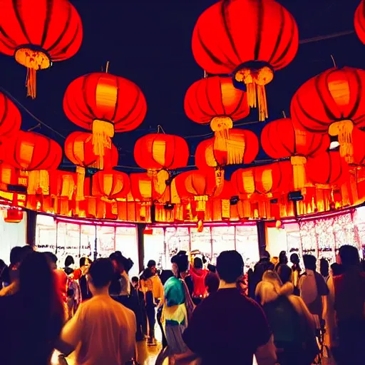 Image similar to night club, five red chinese lanterns, people's silhouettes close up, wearing white t - shirts that glow in the dark, minimalism, dark