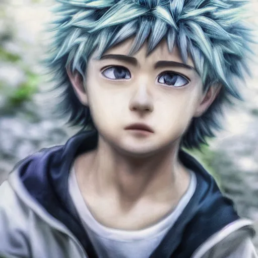 Prompt: photorealistic portrait photograph of real - life killua looking at you, hunter hunter, depth of field, soft focus, highly detailed, intricate, realistic, national geographic cover, soft glow, textured skin