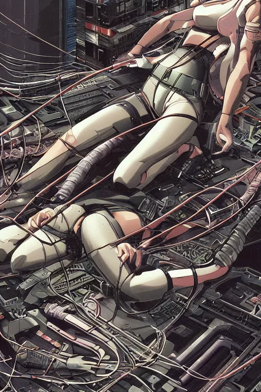 Prompt: a hyper-detailed cyberpunk illustration motoko kusanagi lying body open over an empty floor, with a mess of cables and wires coming out, by masamune shirow and katsuhiro otomo