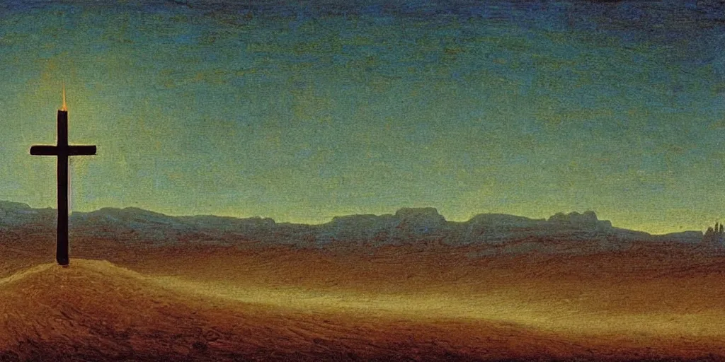 Prompt: A burning cross in the middle of the desert drawn by Caspar David Friedrich, dune, highly detailed, night, stars