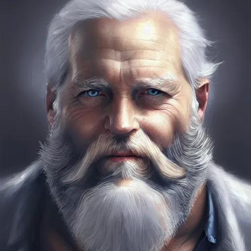 Prompt: Old man, blue eyes, bushy white beard, digital painting, lots of details, extremely detailed, 4k, intricate, brush strokes, Mark Arian, Artgerm, Bastien Lecouffe-Deharme