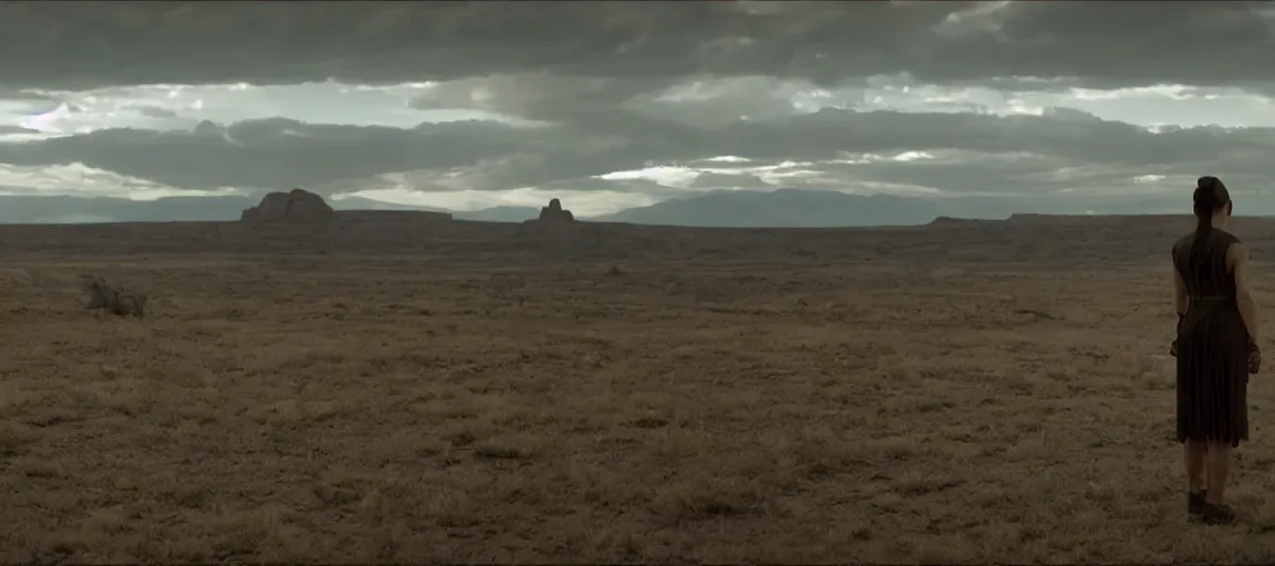 Prompt: epic closing shot of westworld ( 2 0 1 8 ), 3 5 mm film still by emmanuel lubezki, stunning, symbolic