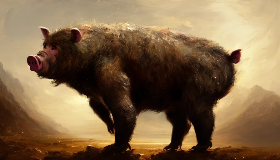 Prompt: highly detailed painting of a humanoid half bear half man pig creature by william turner, by greg rutkowski, by william constable, thick brush strokes and visible paint layers, 4 k resolution