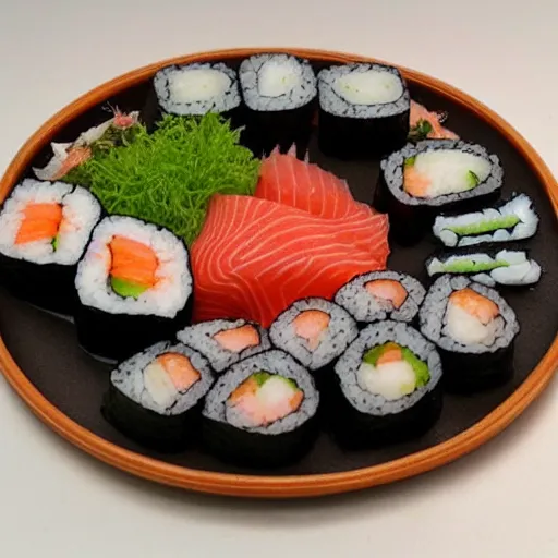 Image similar to large plate with sushi rolls, sashimi, intricate, detailed