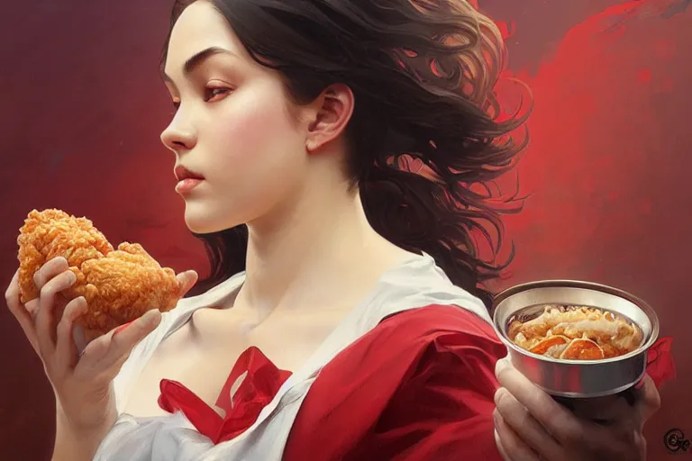 Prompt: kfc chicken, portrait, elegant, intricate, digital painting, artstation, concept art, smooth, sharp focus, illustration, art by artgerm and greg rutkowski and alphonse mucha