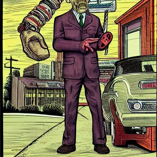 Image similar to The Artwork of R. Crumb and his Cheap Suit Breaking-Bad-Walter-White meth-lab, pencil and colored marker artwork, trailer-trash lifestyle