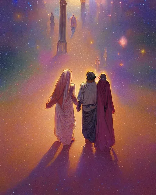 Image similar to bedouin man and woman and child in galaxy walking towards mosque surrounded by nebula, highly detailed, gold filigree, romantic storybook fantasy, soft cinematic lighting, award, disney concept art watercolor illustration by mandy jurgens and alphonse mucha and alena aenami, pastel color palette, featured on artstation